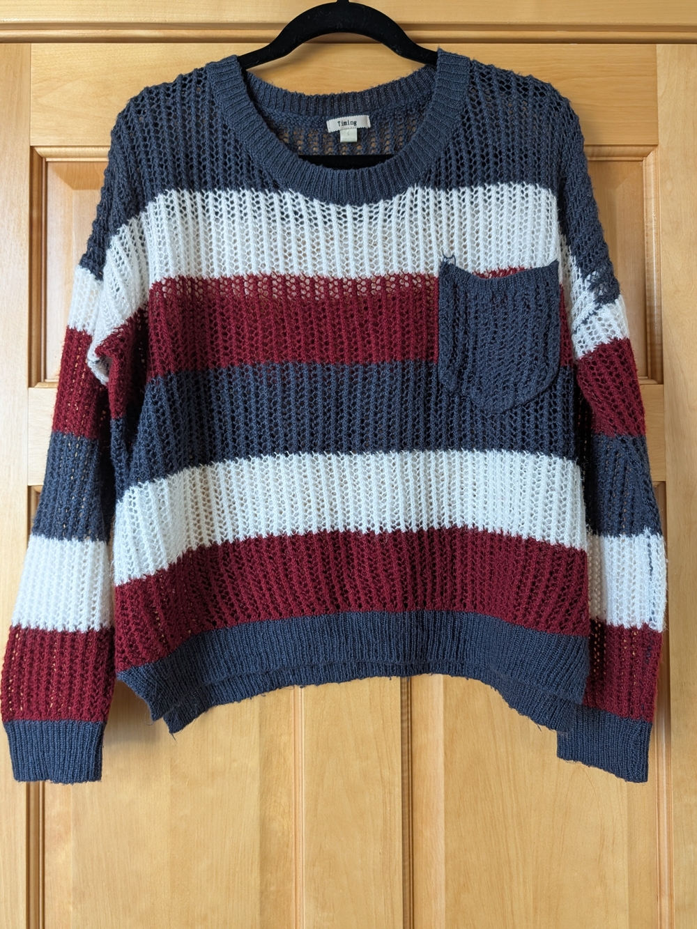 Open-Knit Striped Crewneck Sweater in Navy, White & Red Burgundy